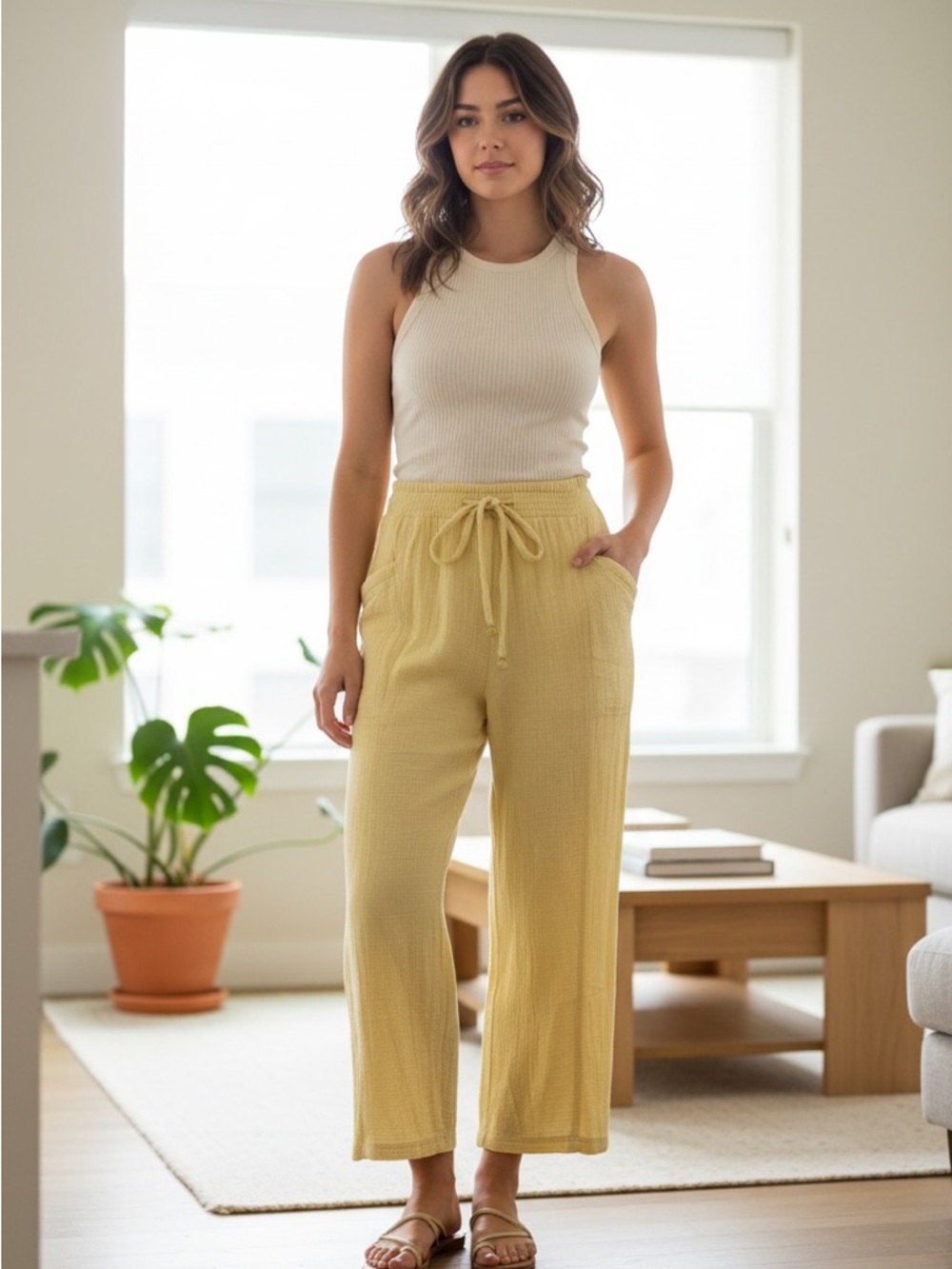 Deja Bleu Yellow Gauze Wide Leg Pants Sz PS NWT